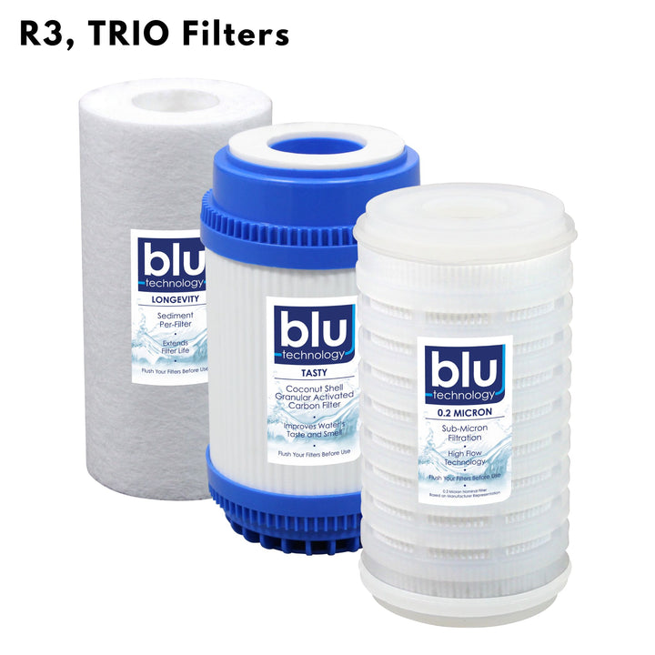Blu Tech R3/TRIO Water Filter Recharge Pack (5 x 2.5 inch) 0.2 Micron, Coconut Charcoal & Sediment Filters