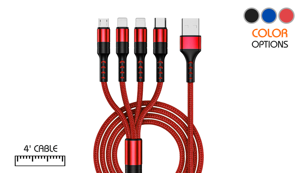 4-In-1 USB Charger Cable, Rugged USB to Lighting (2) USB-C Micro USB