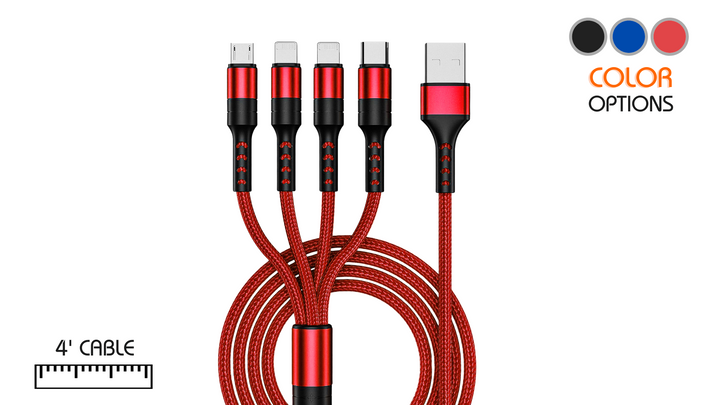 4-In-1 USB Charger Cable, Rugged USB to Lighting (2) USB-C Micro USB