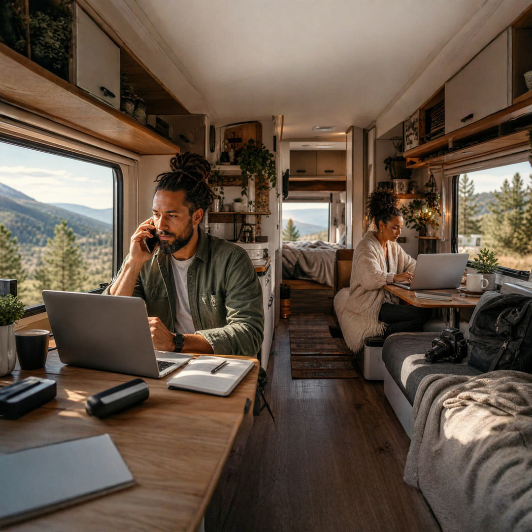 Couple working from RV