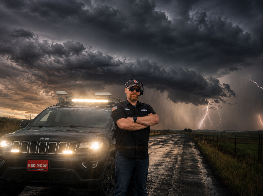 B. Dean Berry in front of his RoamLink-equipped Storm Chaser Vehicle