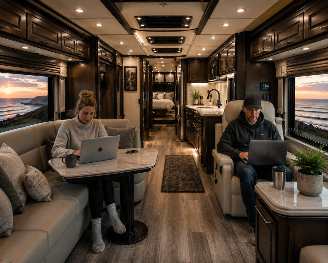 Couple browsing internet in their RV