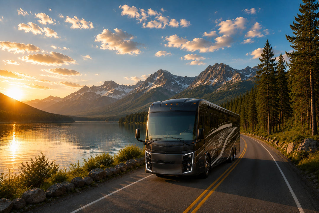 RV driving by mountain lake at sunset