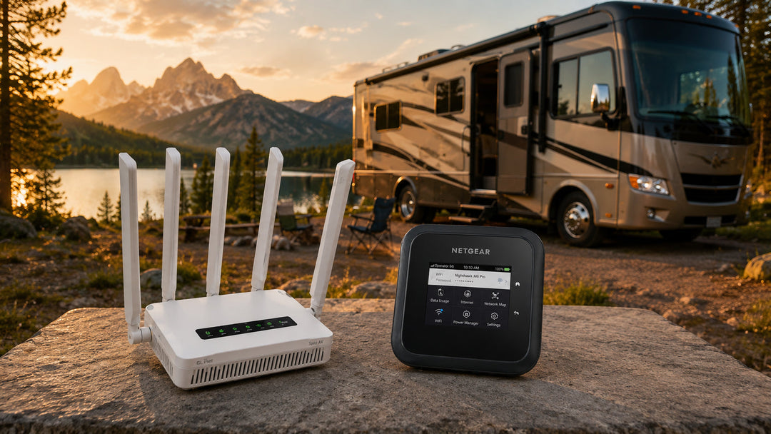 Exterior RV image with two popular cellular internet devices featured