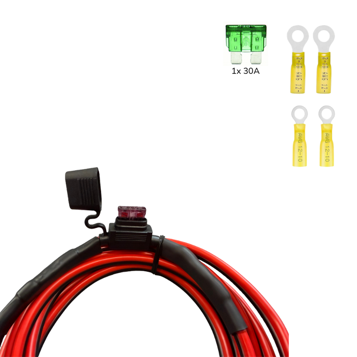 Fused 10' Direct Wire 12AWG DC Power Cable - 30A Fuse, Ring Terminals