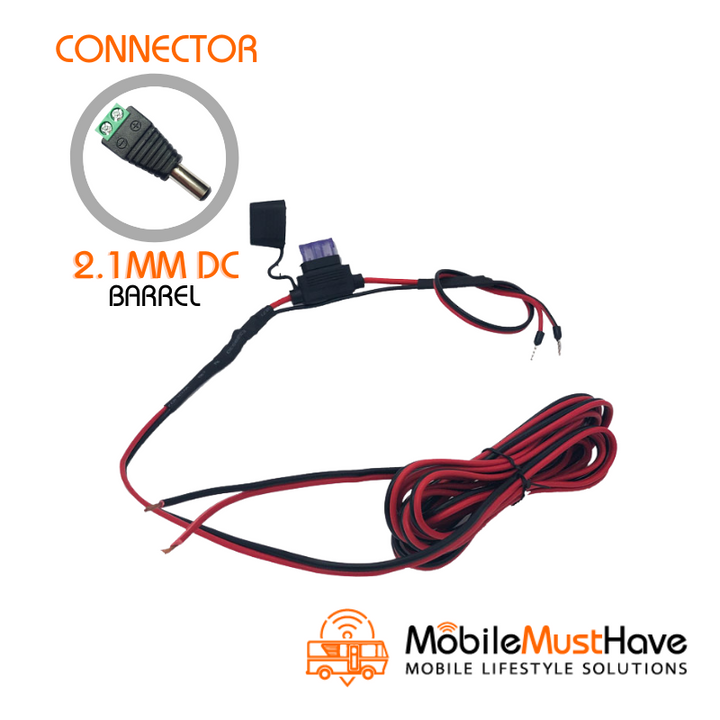 Fused Direct Wire DC Power Cable for 12-48v DC with 2.1mm DC Barrel