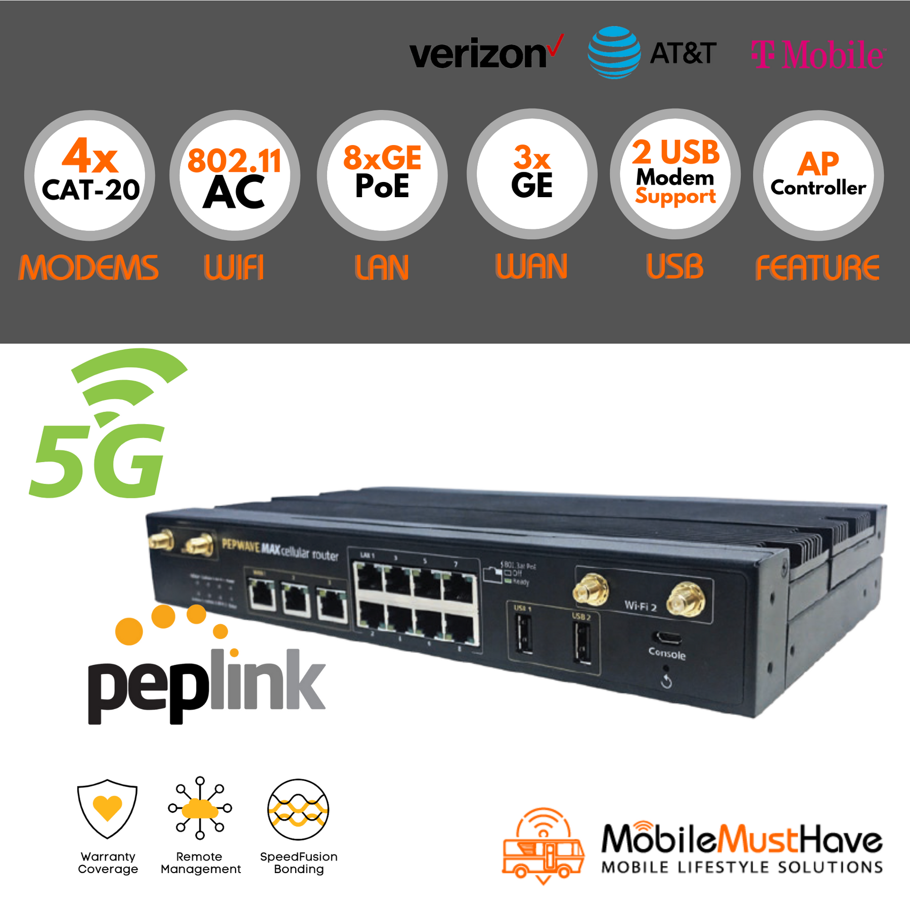 Pepwave MAX HD4 MBX 4x 5G CAT-20 Mobile Router MAX-HD4-MBX-5GH-T Pepwave MAX HD4 MBX 4x 5G CAT-20 Mobile Router MAX-HD4-MBX-5GH-T