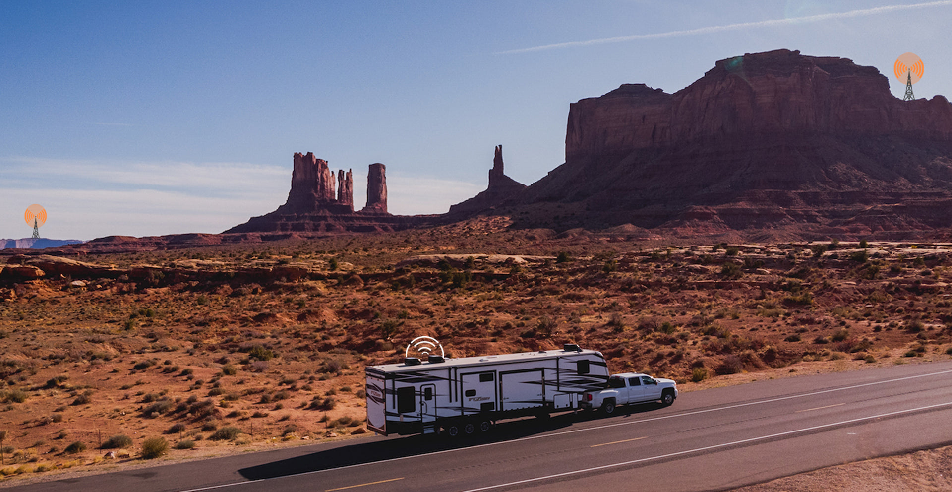 An RV parked in front of the famous Monument Valley