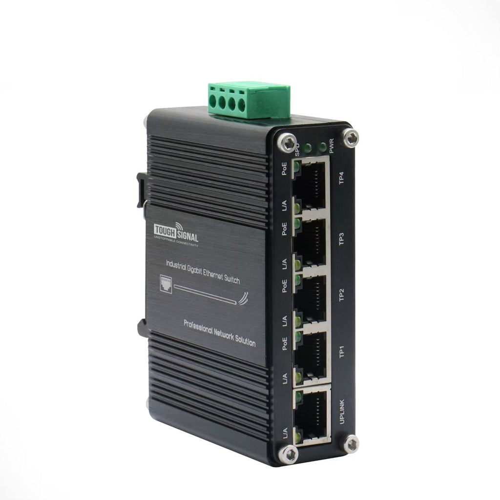 ToughSignal Industrial 5-Port Gigabit PoE+ Switch (12–48V DC