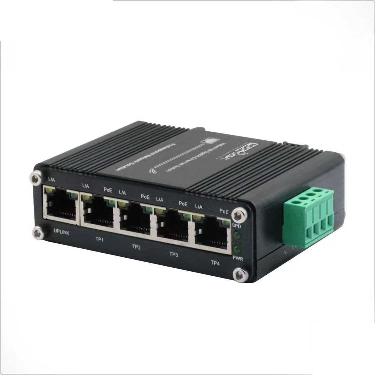 ToughSignal Industrial 5-Port Gigabit PoE+ Switch (12–48V DC