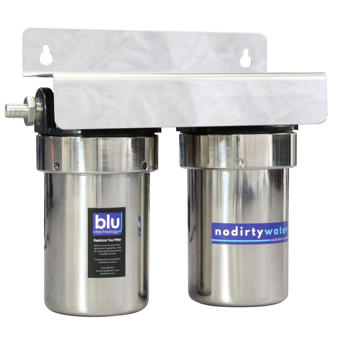 Blu Tech TRIO | FIXED MOUNTED 3-Stage 0.2 Micron Water Filtration System,  with Stainless Steel Garden Hose Fittings