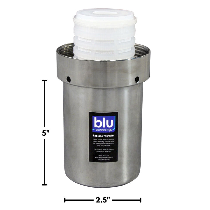 blu tech filter in a filter hosing. showing 5 inches tall and 2.5 inches wide