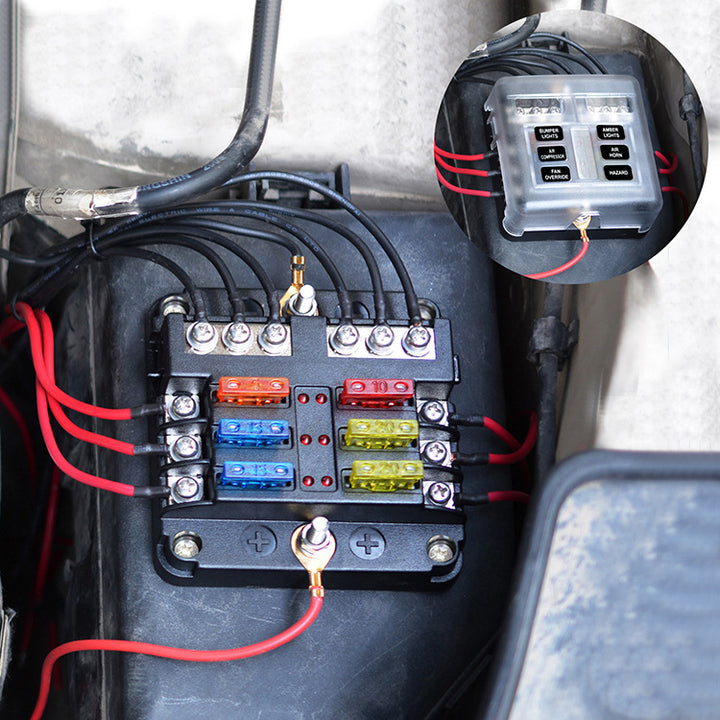 6 Circuit DC Fuse Block, LED Blown Fuse Alert, Protective Cover